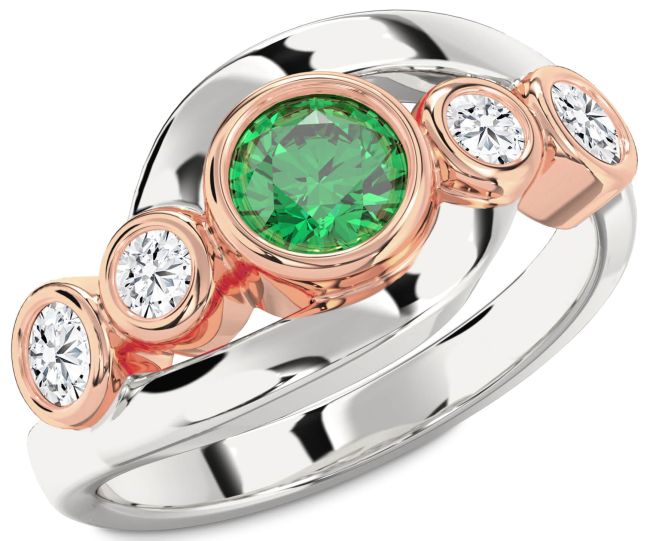 Diamond Emerald Rose Gold Silver Round Engagement Ring