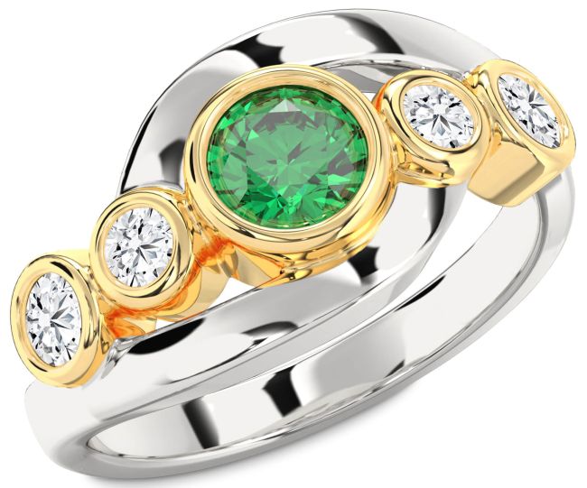 Diamond Emerald Gold Silver Round Engagement Ring
