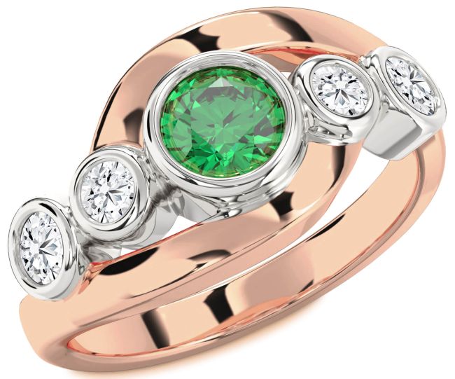 Diamond Emerald Rose Gold Silver Round Engagement Ring