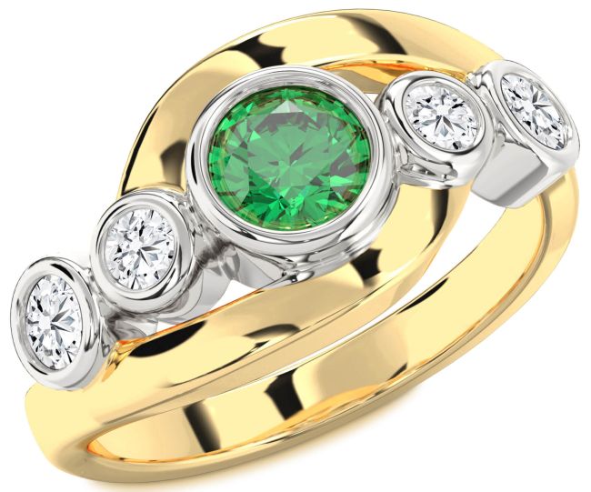 Diamond Emerald Gold Silver Round Engagement Ring