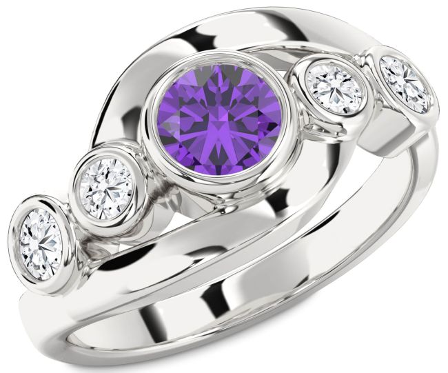 Diamond Amethyst Silver Round Engagement Ring