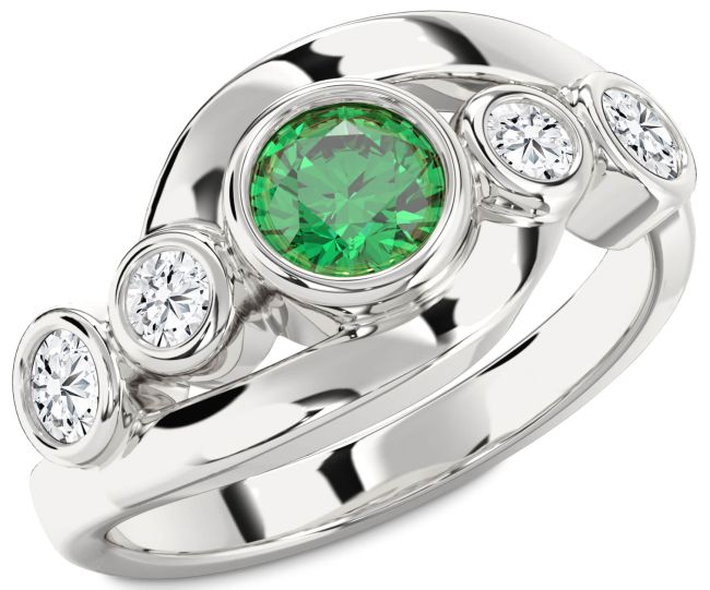 Diamond Emerald Silver Round Engagement Ring