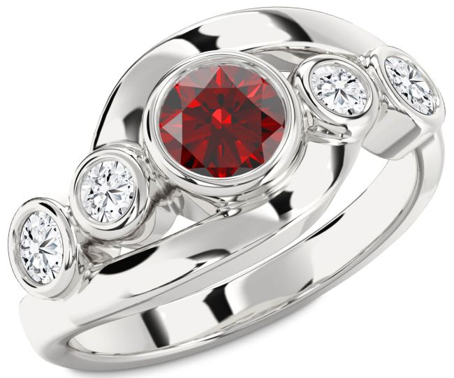 Diamond Garnet Silver Round Engagement Ring