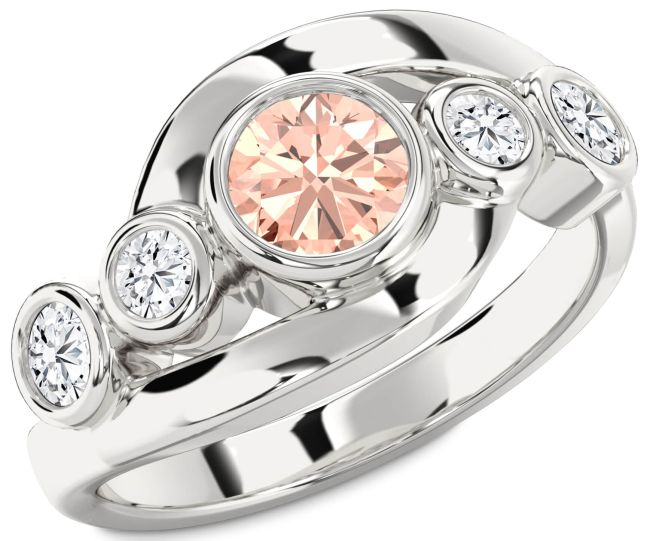 Diamond Morganite Silver Round Engagement Ring