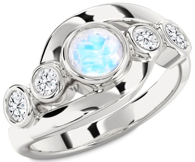 Diamond Moonstone Silver Round Engagement Ring