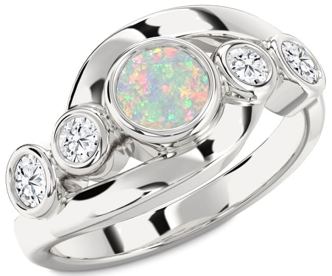 Diamond Opal Silver Round Engagement Ring
