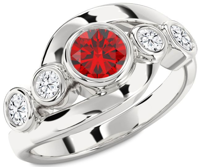 Diamond Ruby Silver Round Engagement Ring