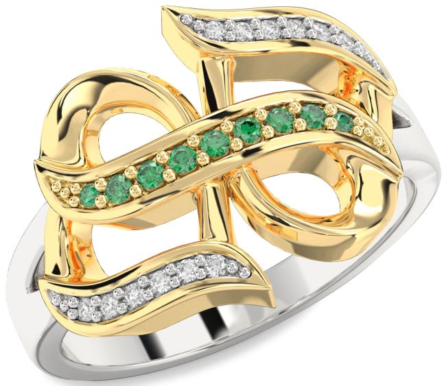 Diamond Emerald Platinum & Yellow Gold Infinity Ring
