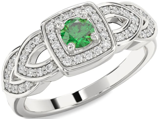 Diamond Emerald Silver Halo Round Promise Ring