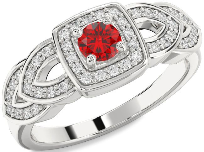 Diamond Ruby Silver Halo Round Promise Ring