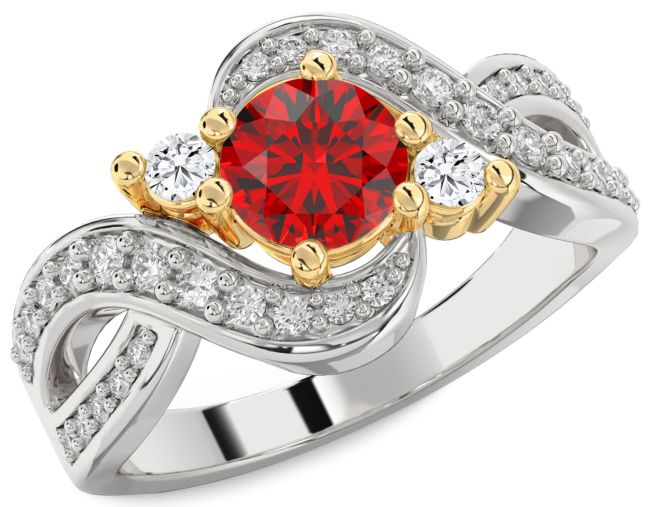 Diamond Ruby Gold Silver Round Three Stone Engagement Ring