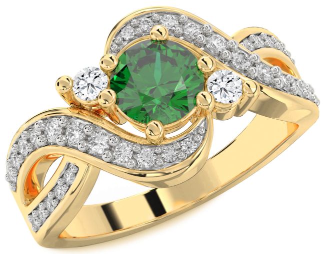 Diamond Emerald Gold Silver Round Three Stone Engagement Ring