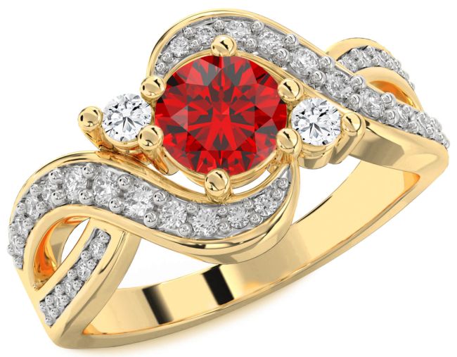 Diamond Ruby Gold Round Three Stone Engagement Ring