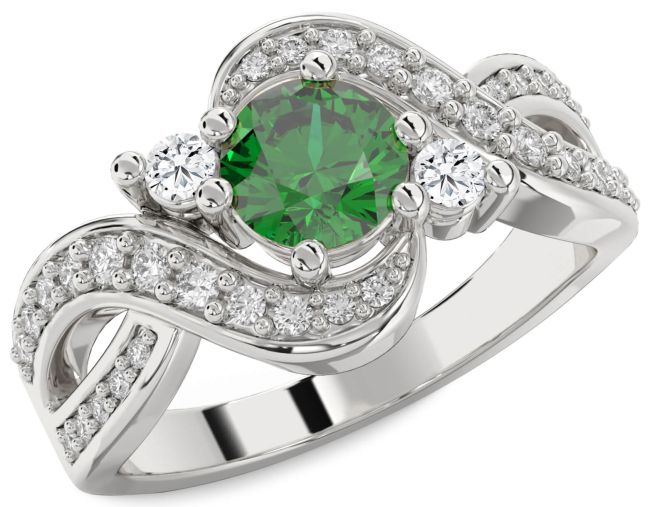Diamond Emerald Silver Round Three Stone Engagement Ring