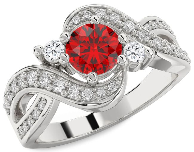 Diamond Ruby Silver Round Three Stone Engagement Ring