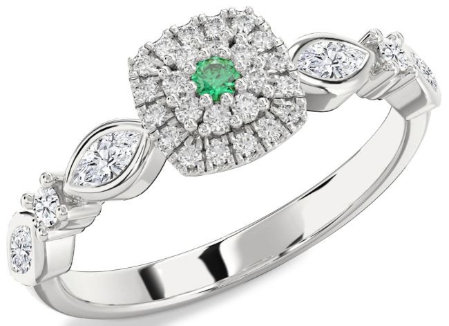 Diamond Emerald Silver Halo Round Promise Ring