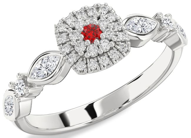 Diamond Ruby Silver Halo Round Promise Ring