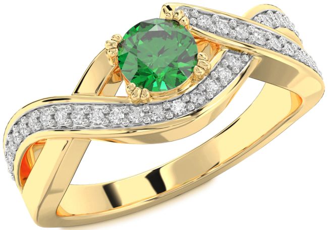 Diamond Emerald Gold Infinity Round Solitaire Engagement Ring