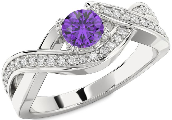 Diamond Amethyst Silver Infinity Round Solitaire Engagement Ring