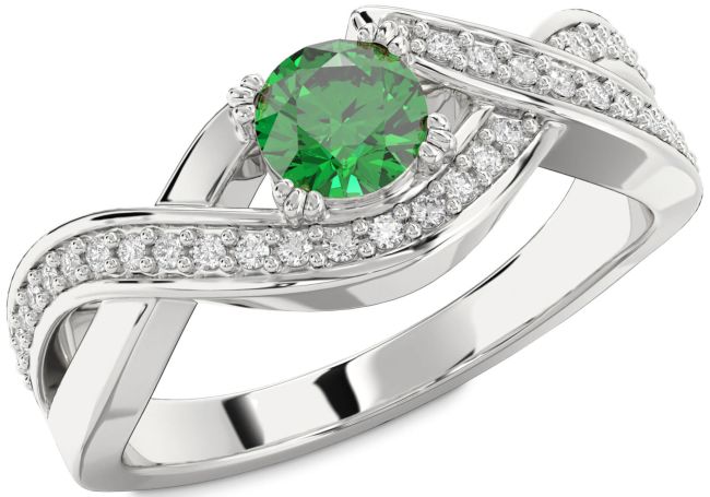 Diamond Emerald Silver Infinity Round Solitaire Engagement Ring