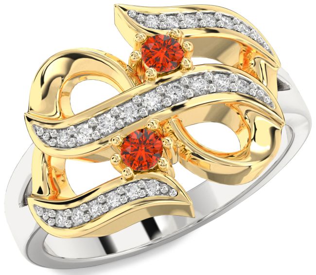 Diamond Fire Opal Gold Silver Infinity Round Two Stone Ring