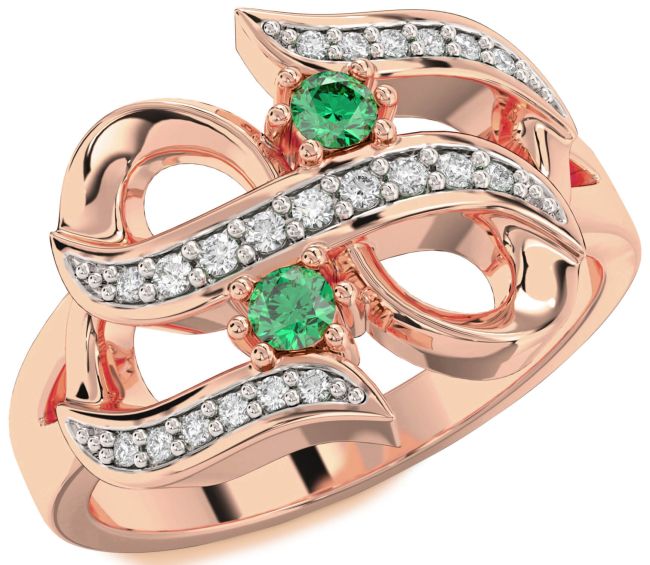 Diamond Emerald Rose Gold Infinity Round Two Stone Birthstone Ring