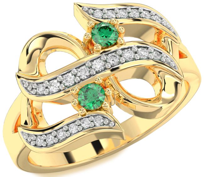 Diamond Emerald Gold Infinity Round Two Stone Birthstone Ring