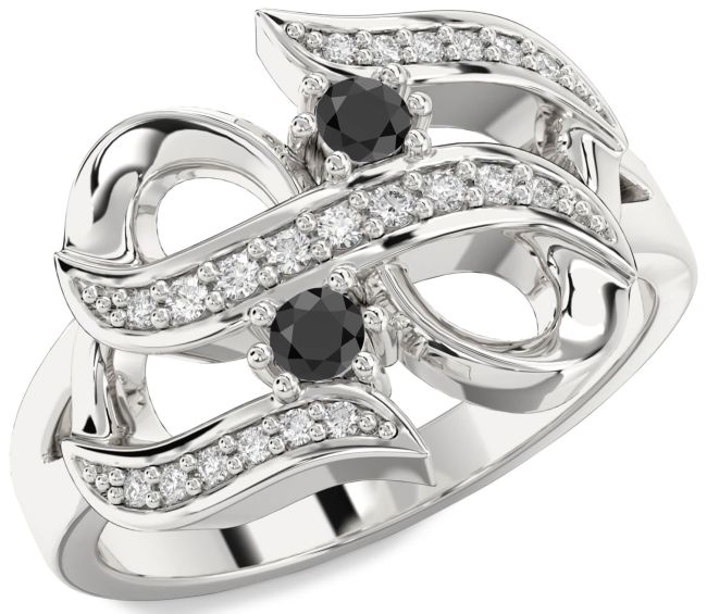 Diamond Black Onyx Silver Infinity Round Two Stone Ring
