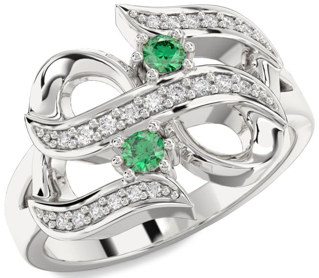 Diamond Emerald Platinum Infinity Round Two Stone Birthstone Ring