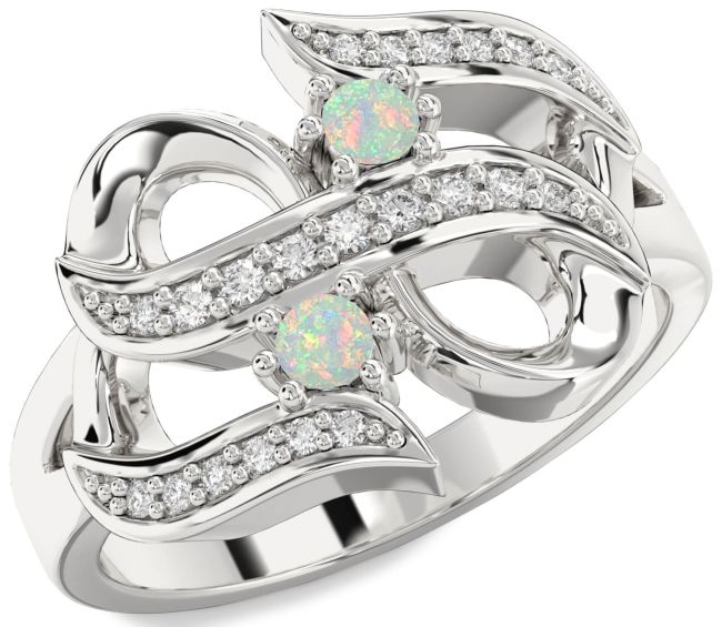 Diamond Opal Silver Infinity Round Two Stone Birthstone Ring