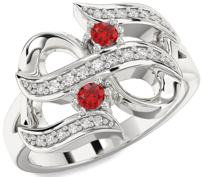 Diamond Ruby Silver Infinity Round Two Stone Birthstone Ring
