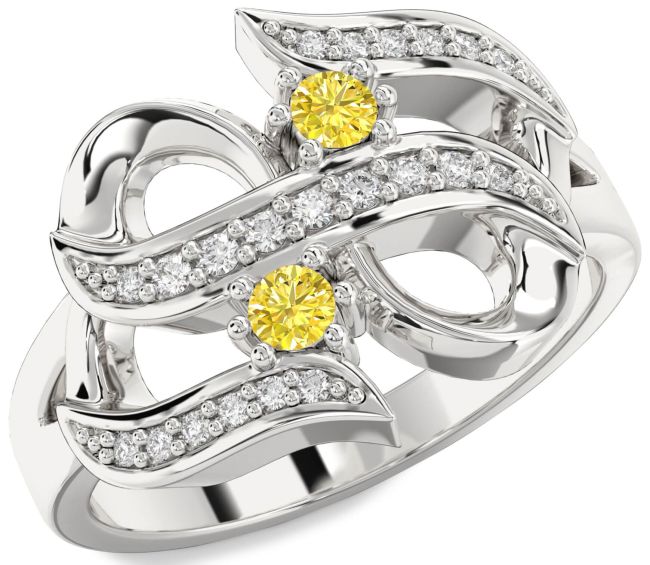 Yellow Diamond Silver Infinity Round Two Stone Ring