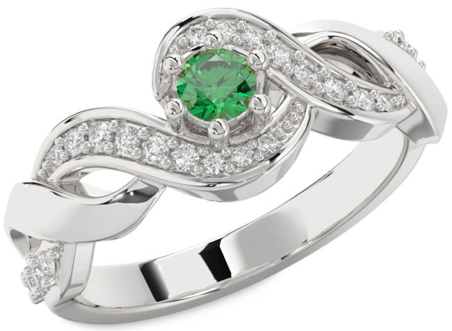 Diamond Emerald Silver Knot Round Promise Ring