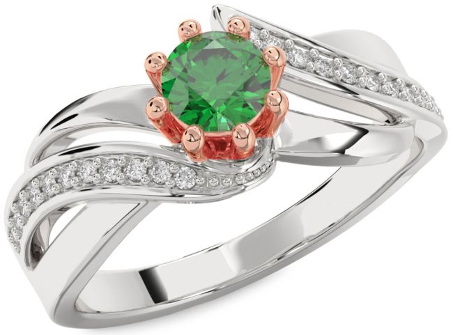 Diamond Emerald Rose Gold Silver Round Solitaire Engagement Ring