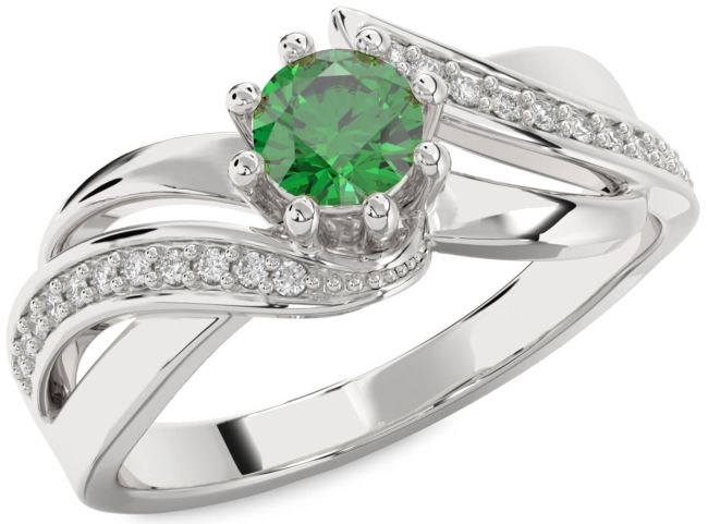 Diamond Emerald Silver Round Solitaire Engagement Ring