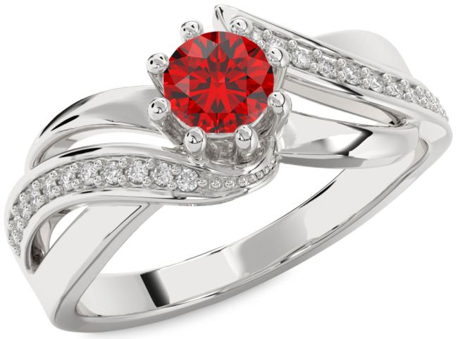 Diamond Ruby Silver Round Solitaire Engagement Ring