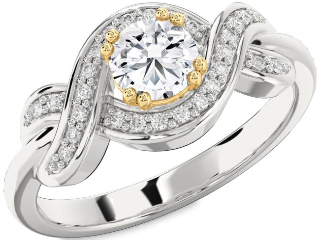 Diamond Silver & 10K gold Knot Round Solitaire Engagement Ring