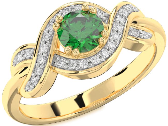 Diamond Emerald Gold Knot Round Solitaire Engagement Ring