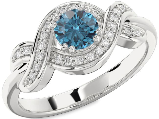 Blue Diamond Silver Knot Round Solitaire Engagement Ring