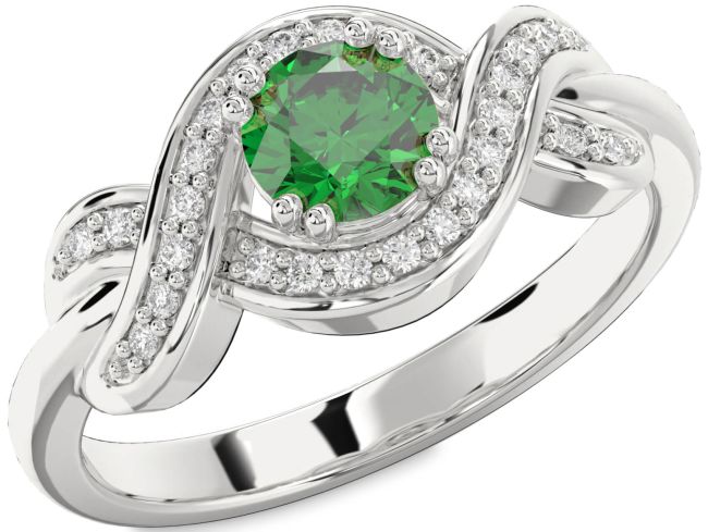Diamond Emerald Silver Knot Round Solitaire Engagement Ring