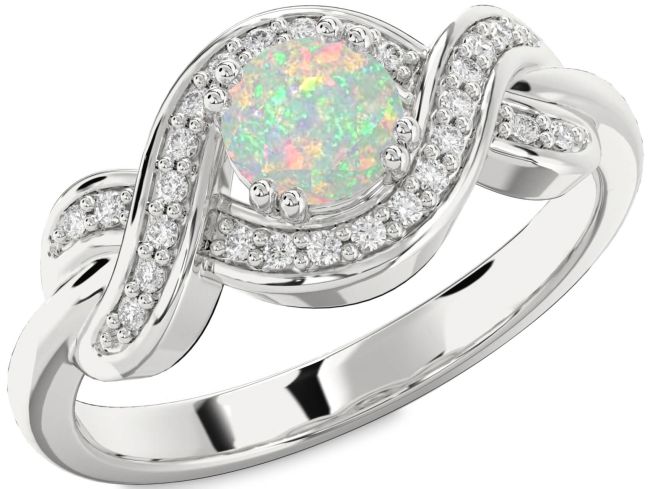 Diamond Opal Silver Knot Round Solitaire Engagement Ring