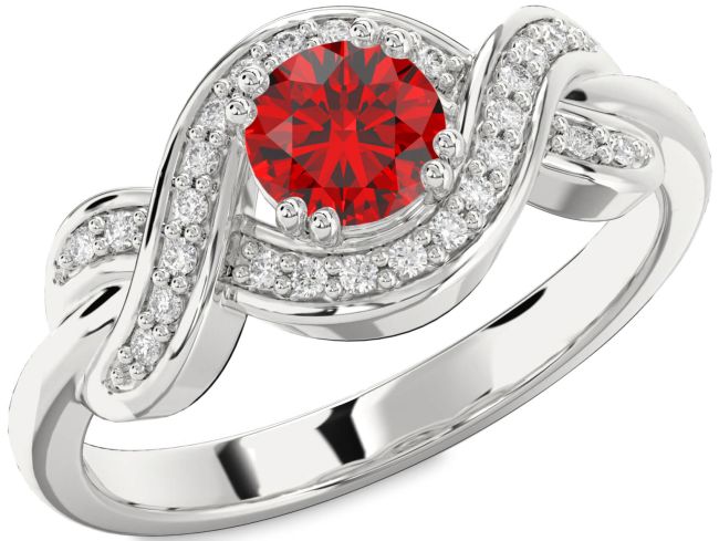 Diamond Ruby Silver Knot Round Solitaire Engagement Ring