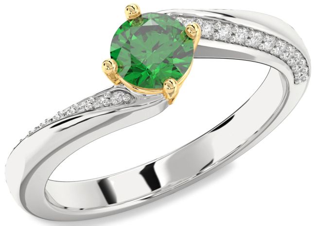 Diamond Emerald Gold Silver Round Solitaire Engagement Ring