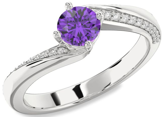 Diamond Amethyst Silver Round Solitaire Engagement Ring