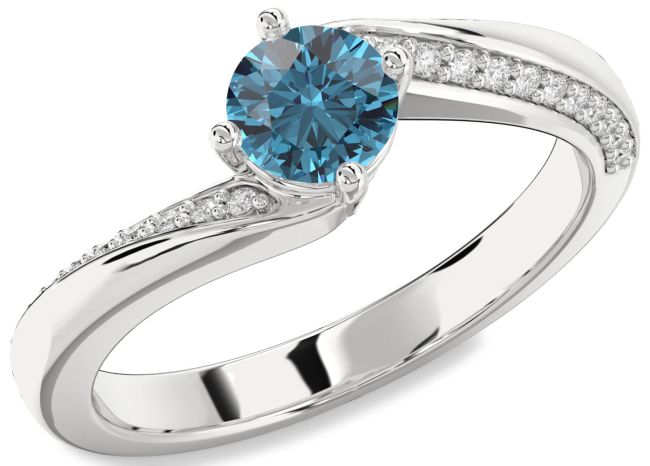Blue Diamond Silver Round Solitaire Engagement Ring