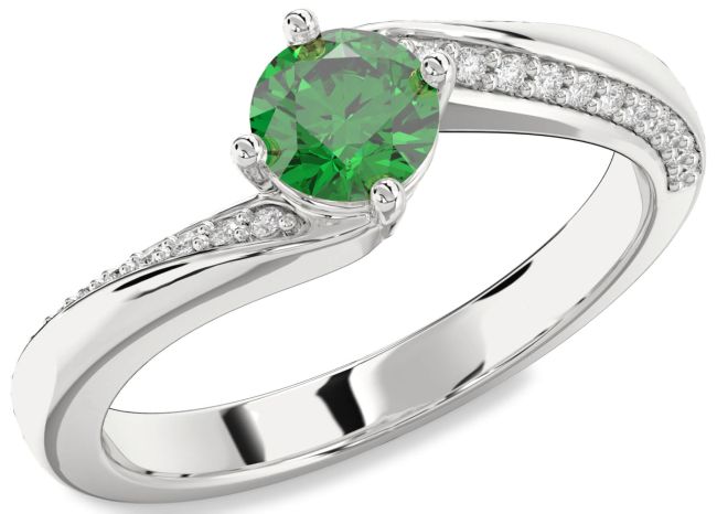 Diamond Emerald Silver Round Solitaire Engagement Ring