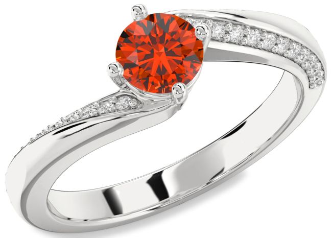 Diamond Fire Opal Silver Round Solitaire Engagement Ring