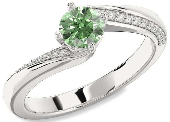 Green Diamond Silver Round Solitaire Engagement Ring