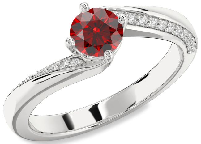 Diamond Garnet Silver Round Solitaire Engagement Ring