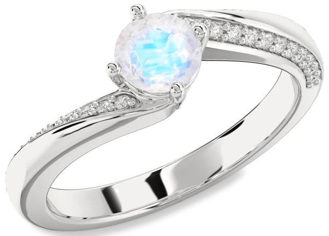 Diamond Moonstone Silver Round Solitaire Engagement Ring